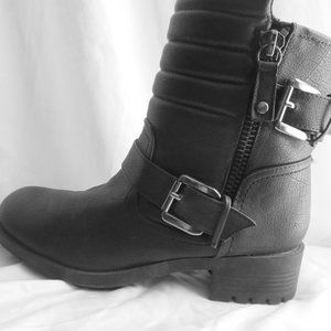 Chunky Black Biker Boots with Buckles Sz 8.5 from Rampage